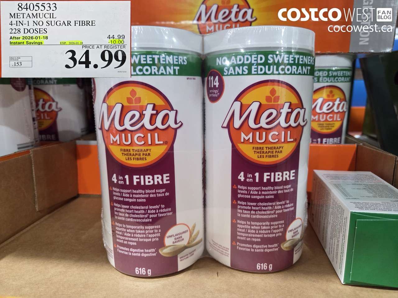 8405533 METAMUCIL 4-IN-1 NO SUGAR FIBRE 228 DOSES ($10.00 INSTANT SAVINGS EXPIRES ON 2026-01-18) $34.99
