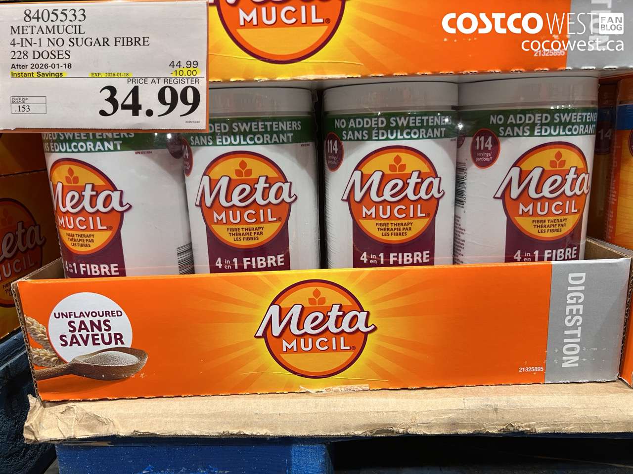 8405533 METAMUCIL 4-IN-1 NO SUGAR FIBRE 228 DOSES ($10.00 INSTANT SAVINGS EXPIRES ON 2026-01-18) $34.99