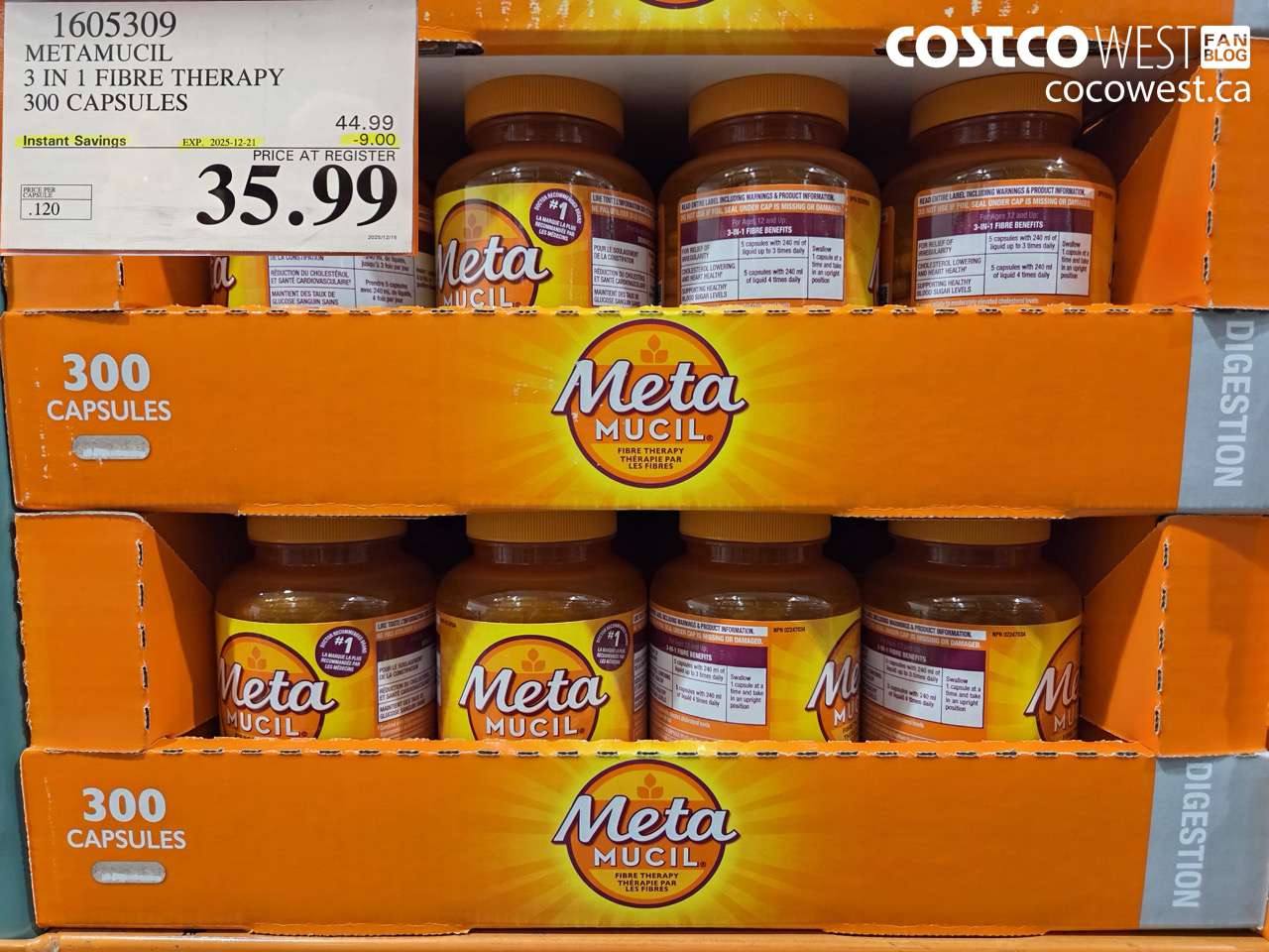1605309 METAMUCIL PSYLLIUM FIBRES 300 CAPSULES ($9.00 INSTANT SAVINGS EXPIRES ON 2025-12-21) $35.99