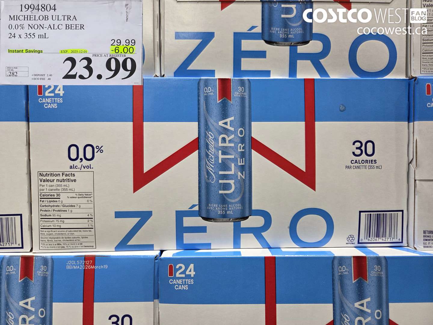 1994804 MICHELOB ULTRA 0.0% NON-ALC BEER 24 X 355ML ($6.00 INSTANT SAVINGS EXPIRES ON 2025-12-01) $23.99