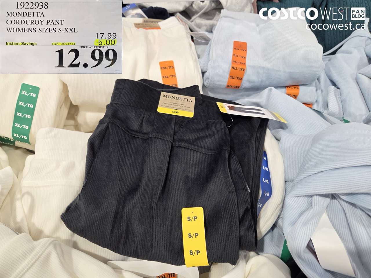 1922938 MONDETTA CORDUROY PANT WOMENS SIZES S-XXL ($5.00 INSTANT SAVINGS EXPIRES ON 2025-12-14) $12.99