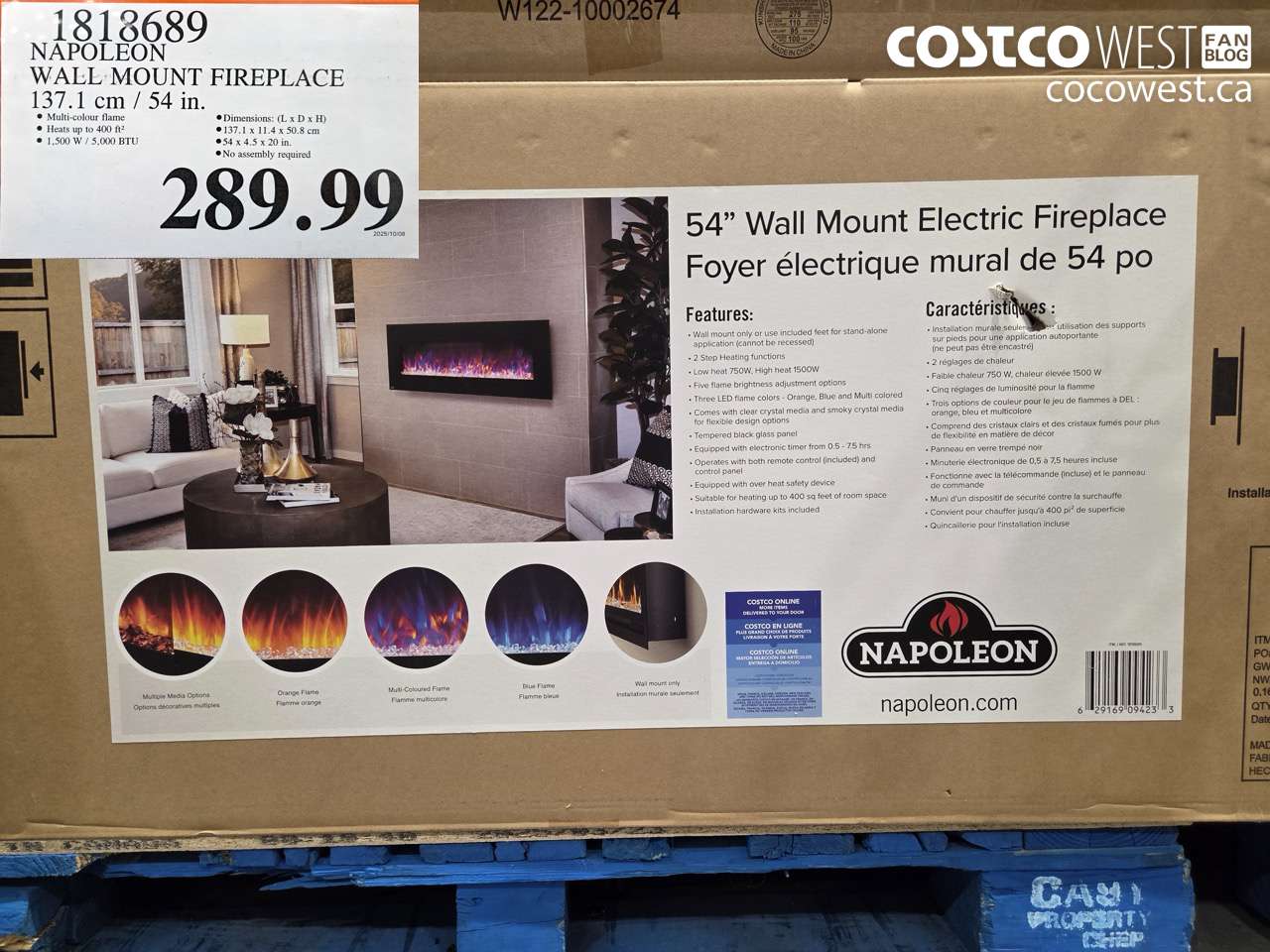 1818689 NAPOLEON WALL MOUNT FIREPLACE 137.1 CM / 54 IN $289.99