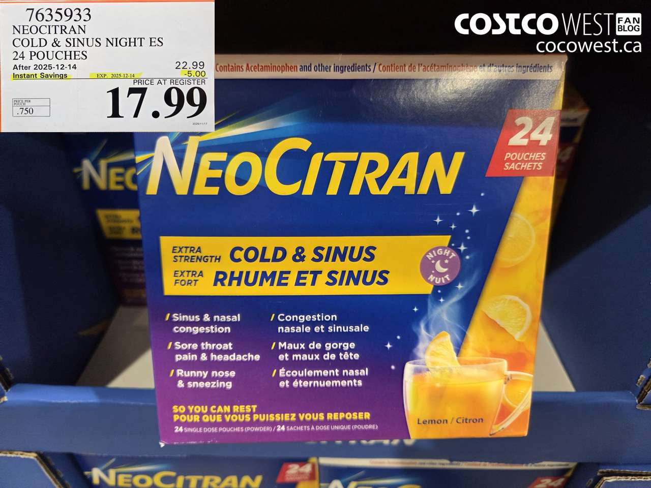 7635933 NEOCITRAN COLD & SINUS NIGHT ES 24 POUCHES ($5.00 INSTANT SAVINGS EXPIRES ON 2025-12-14) $17.99