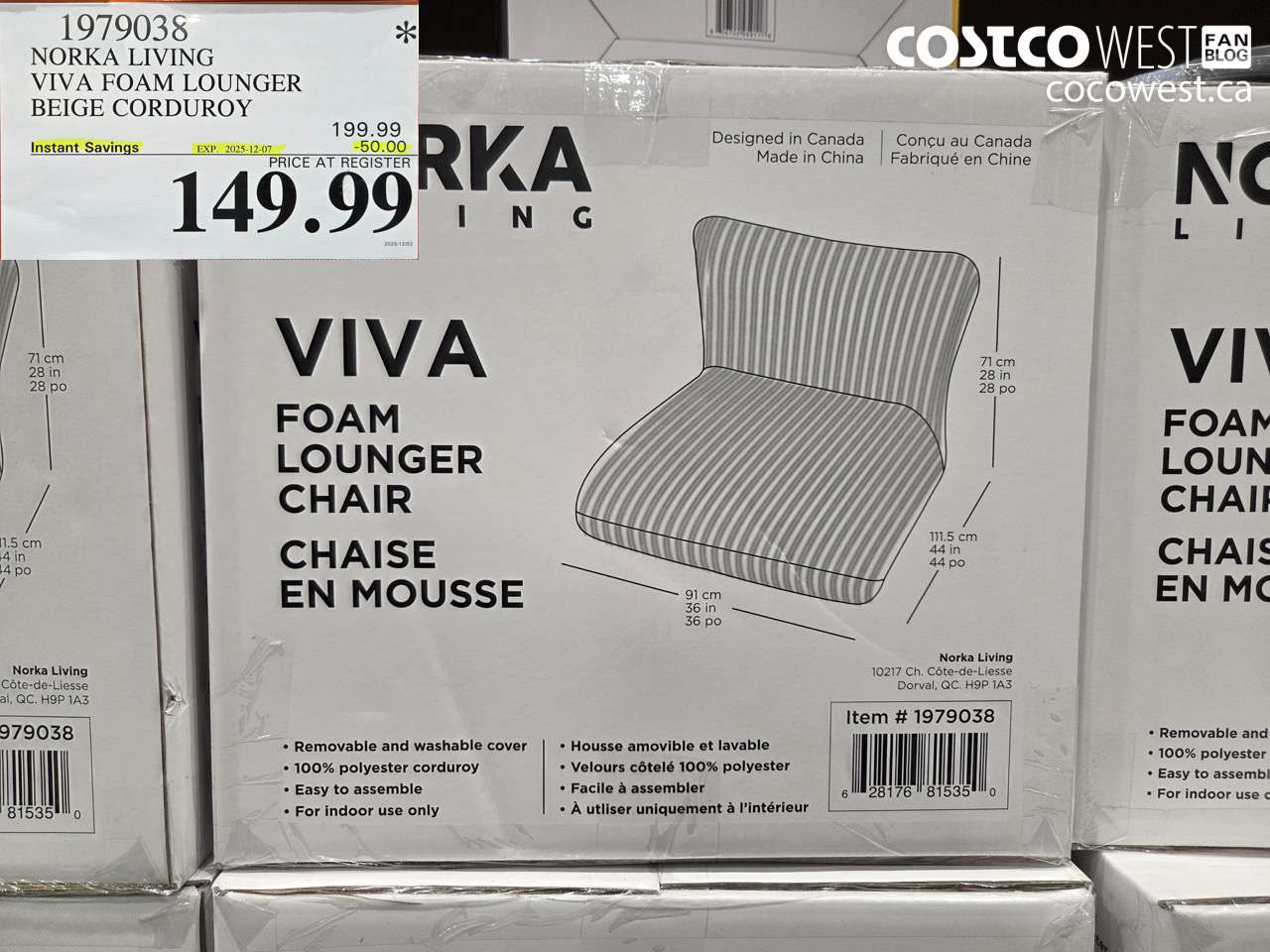 1979038 NORKA LIVING VIVA FOAM LOUNGER BEIGE CORDUROY ($50.00 INSTANT SAVINGS EXPIRES ON 2025-12-07) $149.99