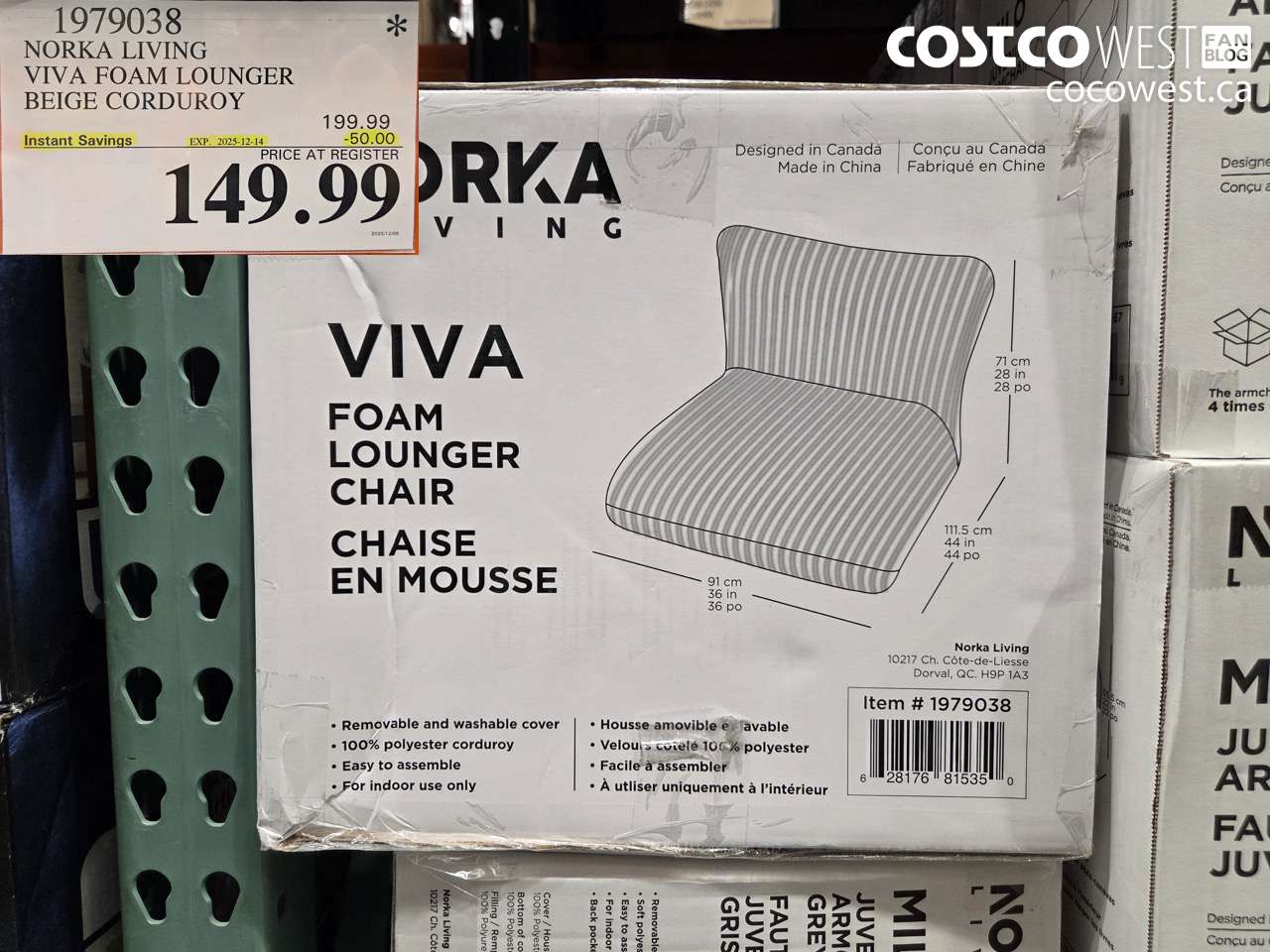 1979038 NORKA LIVING VIVA FOAM LOUNGER BEIGE CORDUROY ($50.00 INSTANT SAVINGS EXPIRES ON 2025-12-14) $149.99
