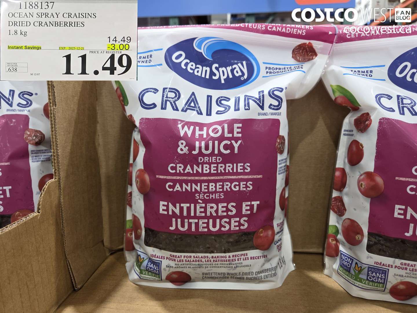 1188137 OCEAN SPRAY CRAISINS DRIED CRANBERRIES 1.8 KG ($3.00 INSTANT SAVINGS EXPIRES ON 2025-12-21) $11.49