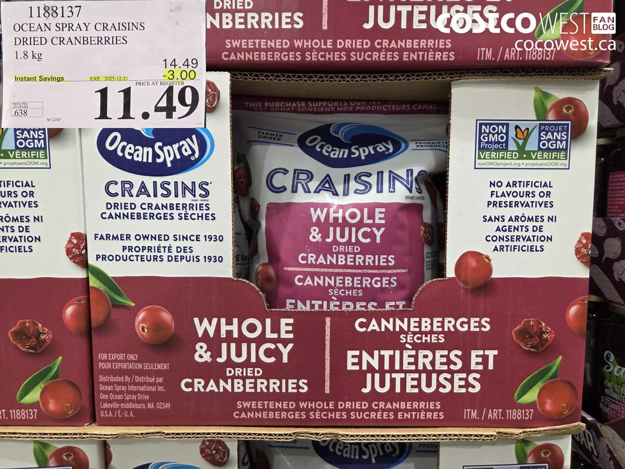 1188137 OCEAN SPRAY CRAISINS DRIED CRANBERRIES 1.8 KG ($3.00 INSTANT SAVINGS EXPIRES ON 2025-12-21) $11.49