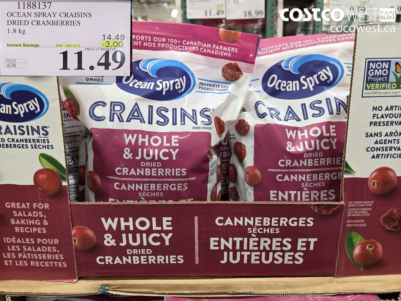 1188137 OCEAN SPRAY CRAISINS DRIED CRANBERRIES 1.8 KG ($3.00 INSTANT SAVINGS EXPIRES ON 2025-12-21) $11.49