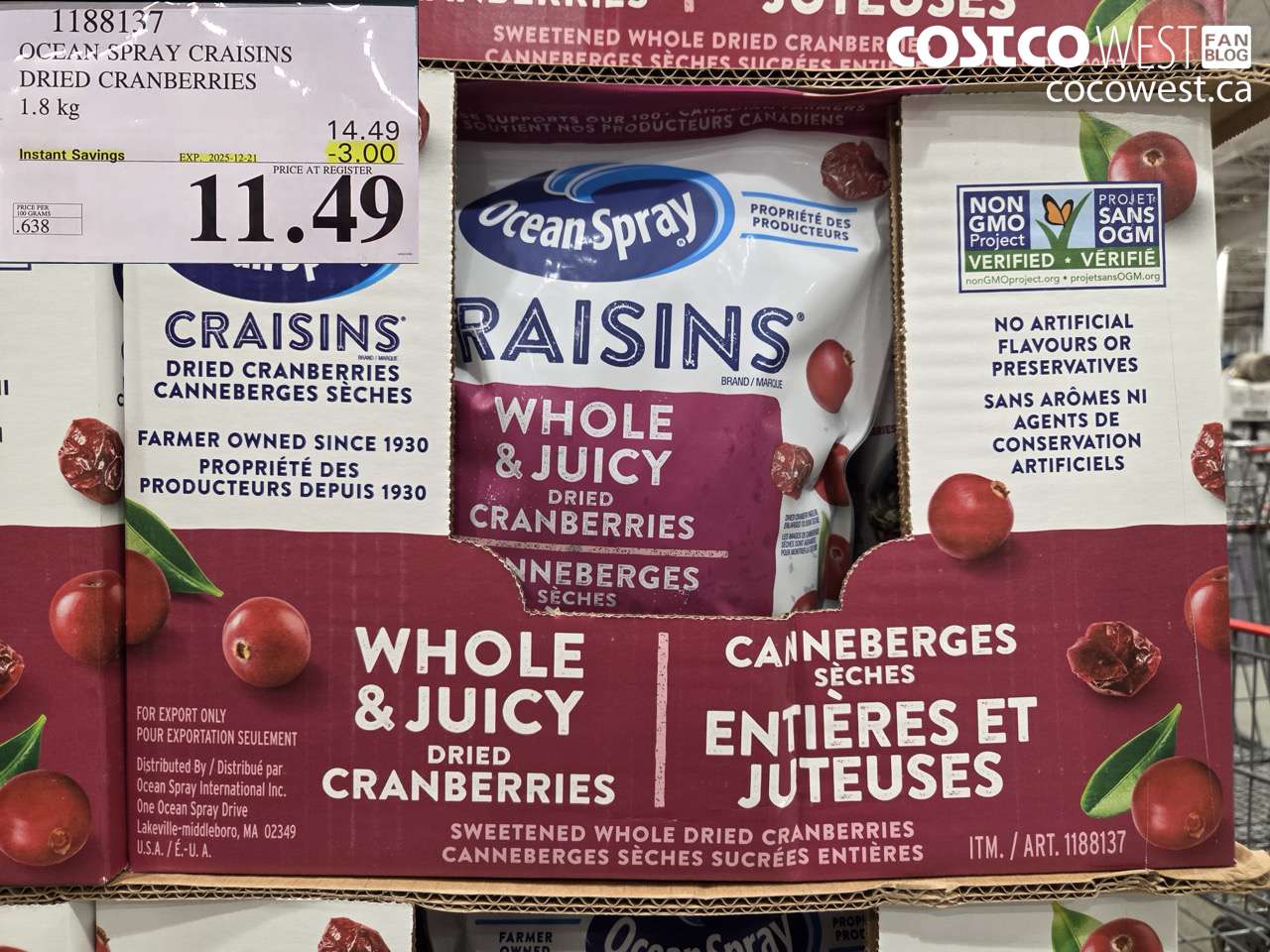 1188137 OCEAN SPRAY CRAISINS DRIED CRANBERRIES 1.8 KG ($3.00 INSTANT SAVINGS EXPIRES ON 2025-12-21) $11.49