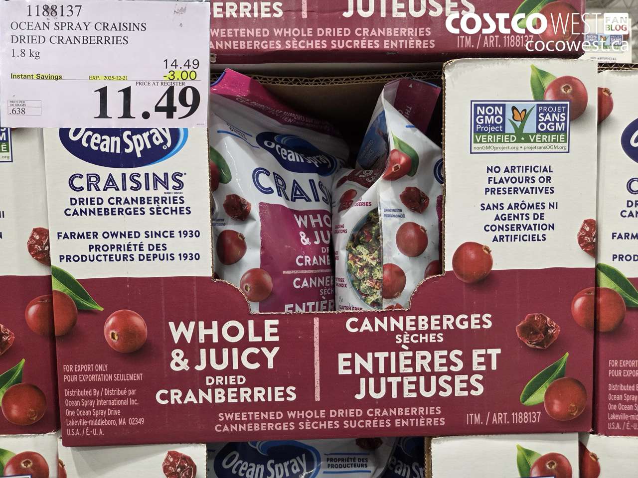 1188137 OCEAN SPRAY CRAISINS DRIED CRANBERRIES 1.8 KG ($3.00 INSTANT SAVINGS EXPIRES ON 2025-12-21) $11.49
