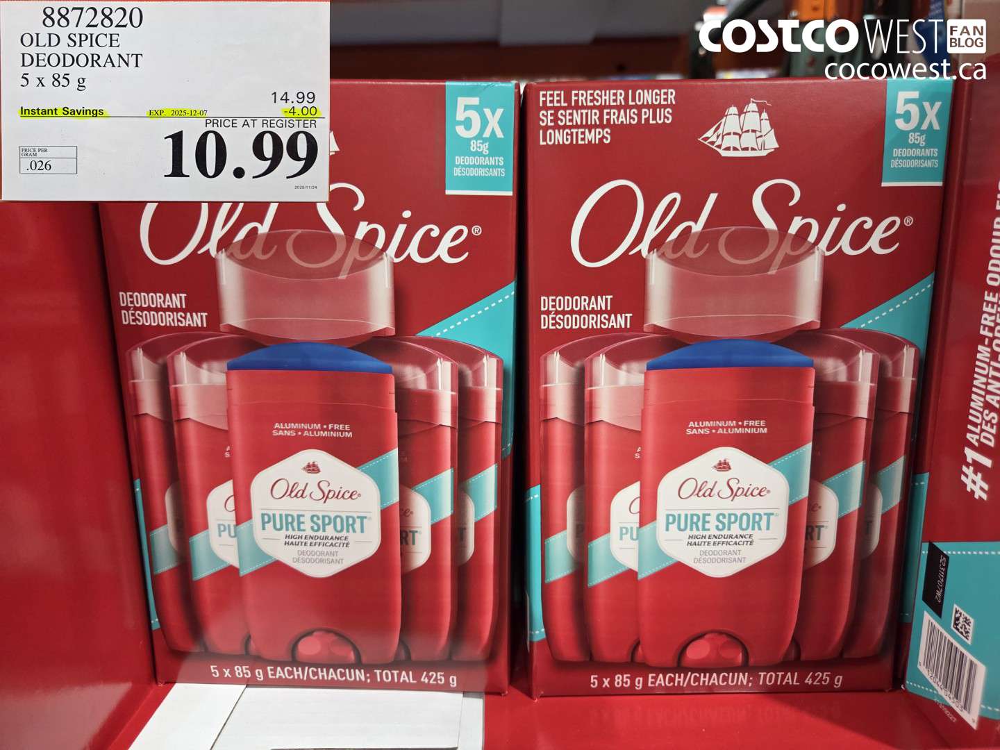 8872820 OLD SPICE DEODORANT 5 x 85 g ($4.00 INSTANT SAVINGS EXPIRES ON 2025-12-07) $10.99
