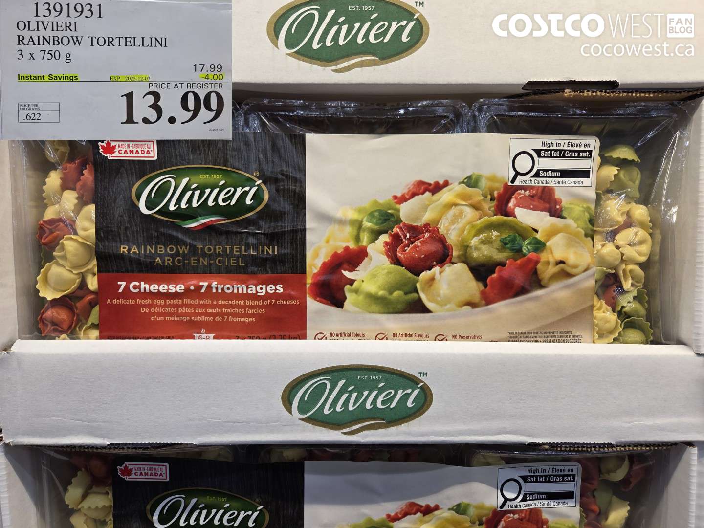 1391931 OLIVIERI RAINBOW TORTELLINI 3 x 750 g ($4.00 INSTANT SAVINGS EXPIRES ON 2025-12-07) $13.99