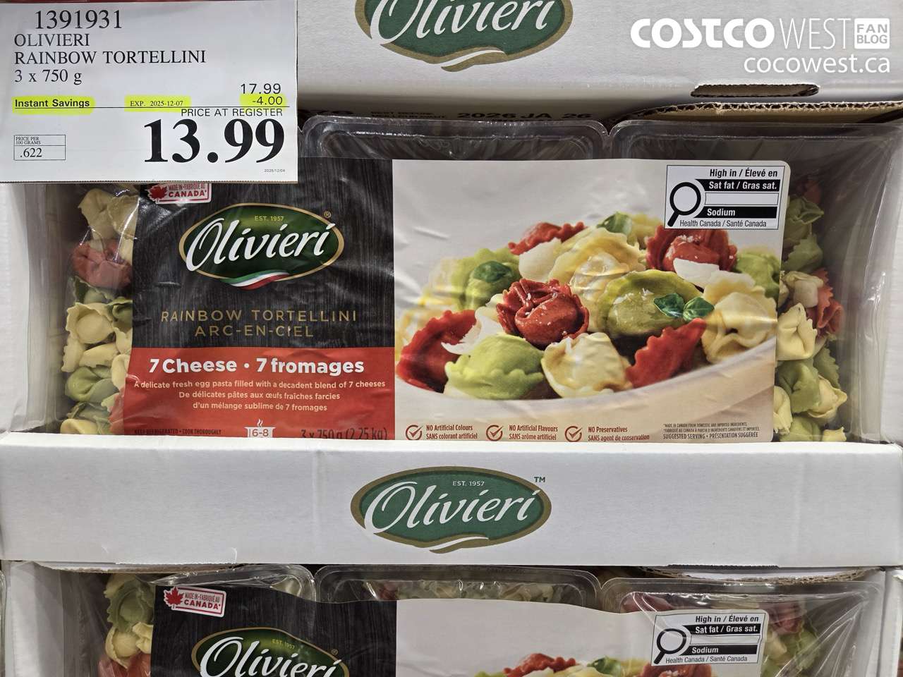 1391931 OLIVIERI RAINBOW TORTELLINI 3 x 750 g ($4.00 INSTANT SAVINGS EXPIRES ON 2025-12-07) $13.99