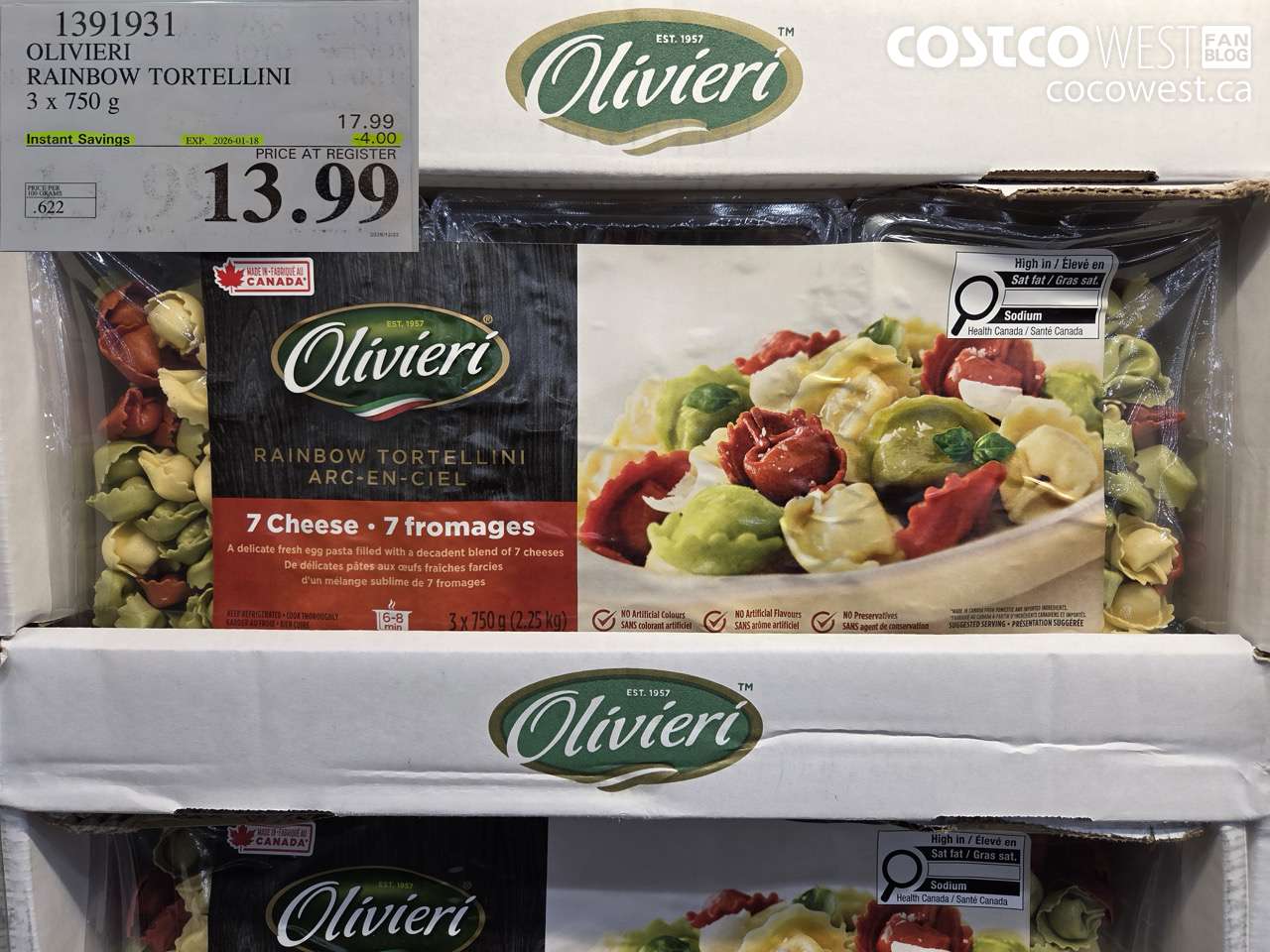 1391931 OLIVIERI RAINBOW TORTELLINI 3 x 750 g ($4.00 INSTANT SAVINGS EXPIRES ON 2026-01-18) $13.99