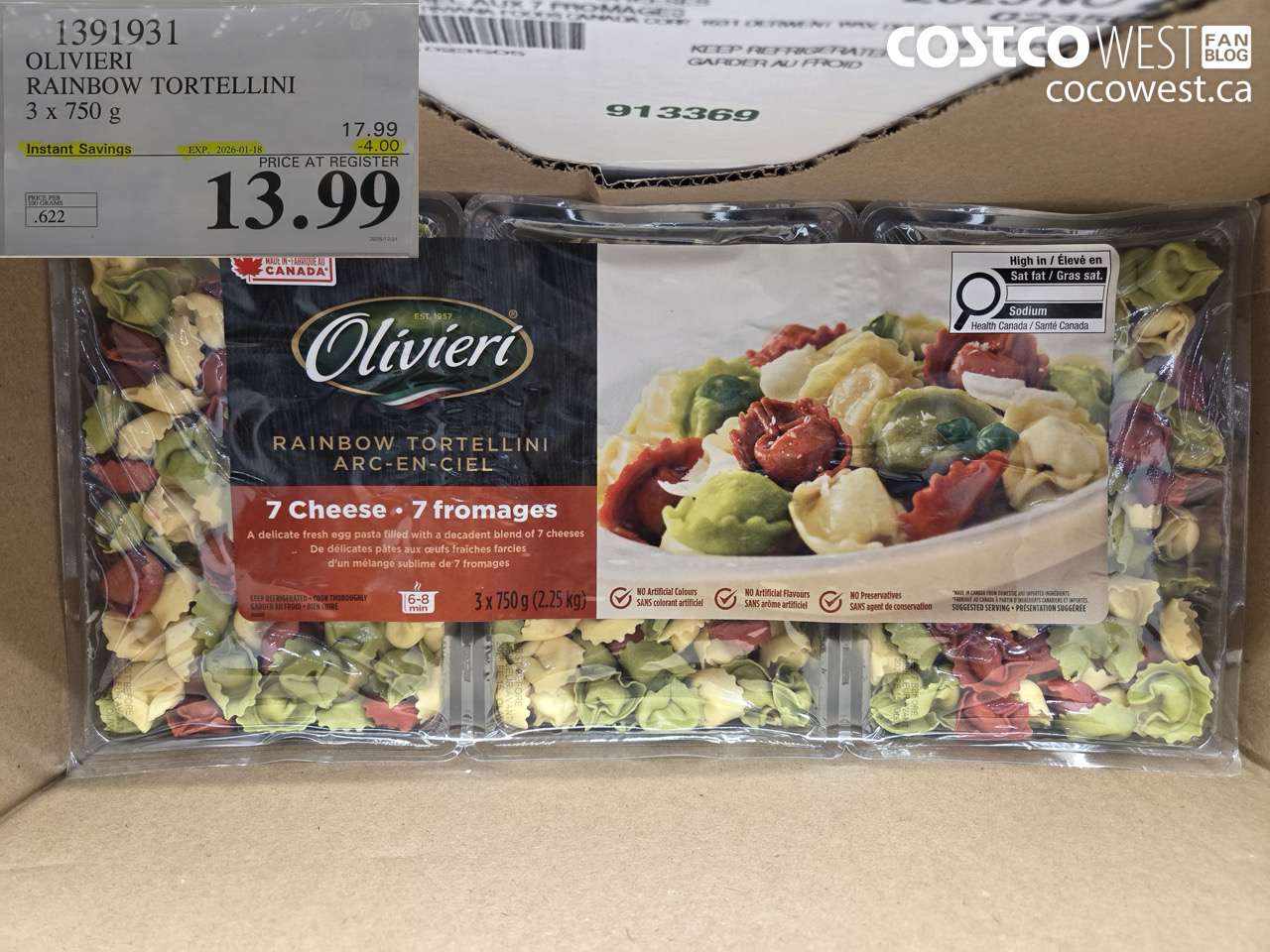 1391931 OLIVIERI RAINBOW TORTELLINI 3 x 750 g ($4.00 INSTANT SAVINGS EXPIRES ON 2026-01-18) $13.99