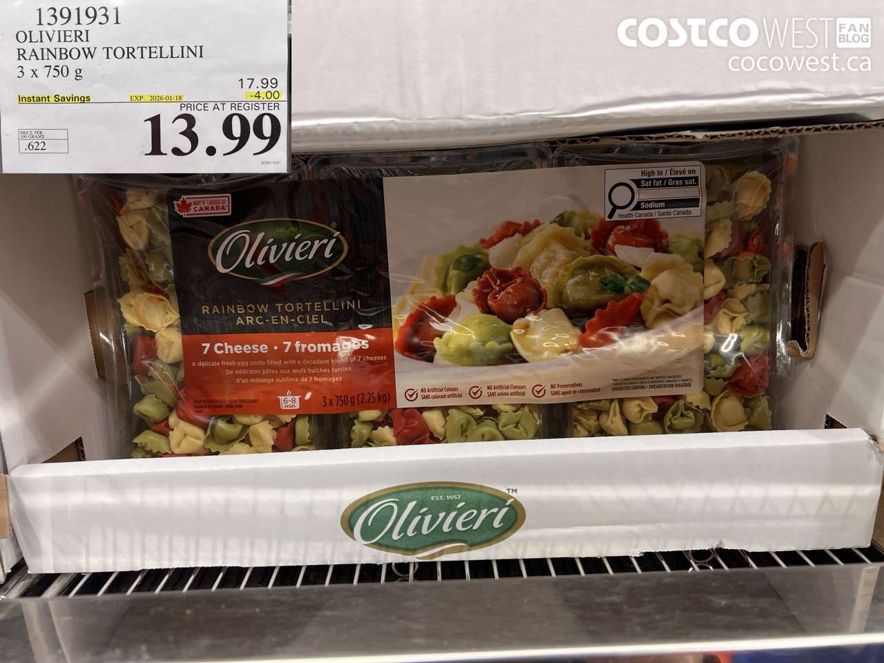 1391931 OLIVIERI RAINBOW TORTELLINI 3 x 750 g ($4.00 INSTANT SAVINGS EXPIRES ON 2026-01-18) $13.99