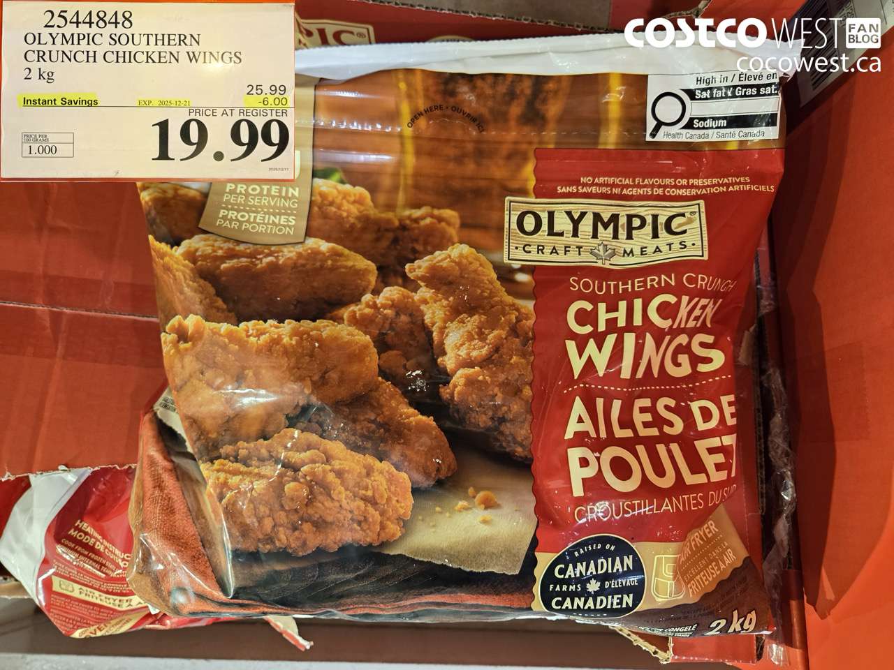 2544848 OLYMPIC SOUTHERN CRUNCH CHICKEN WINGS 2KG ($6.00 INSTANT SAVINGS EXPIRES ON 2025-12-21) $19.99