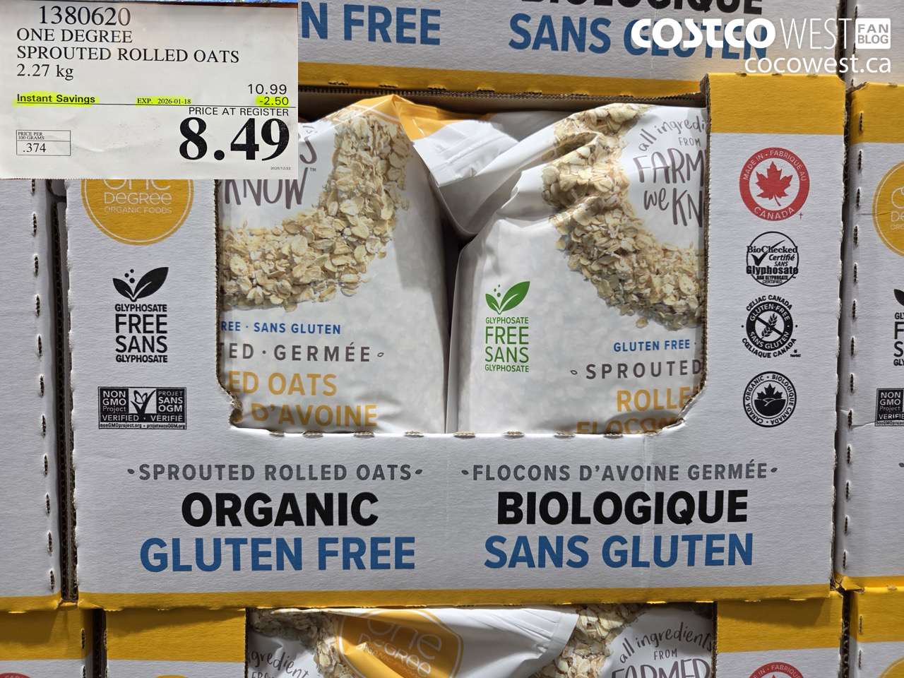 1380620 ONE DEGREE SPROUTED ROLLED OATS 2.27 KG ($2.50 INSTANT SAVINGS EXPIRES ON 2026-01-18) $8.49