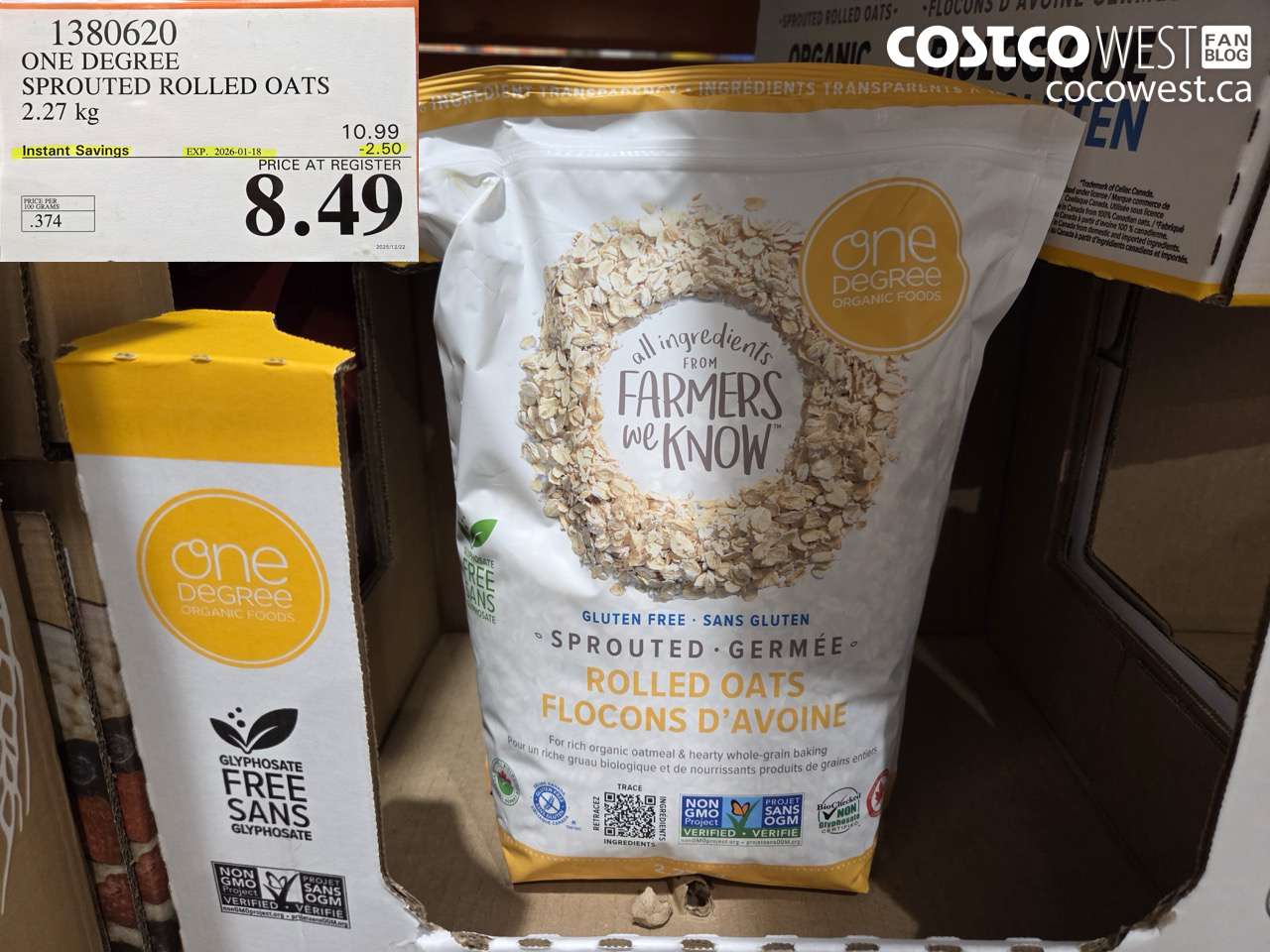 1380620 ONE DEGREE SPROUTED ROLLED OATS 2.27 KG ($2.50 INSTANT SAVINGS EXPIRES ON 2026-01-18) $8.49