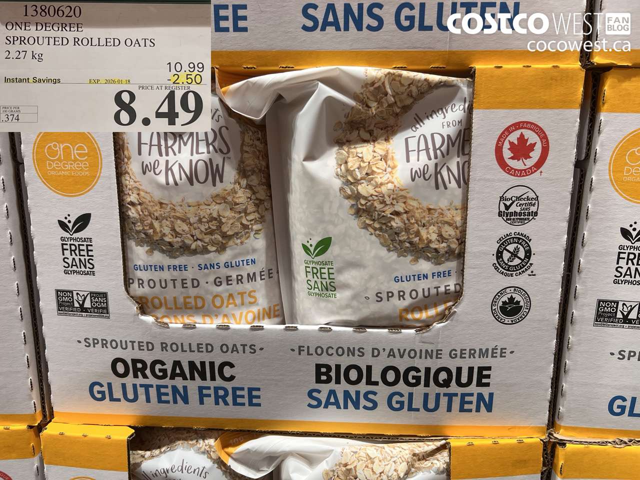 1380620 ONE DEGREE SPROUTED ROLLED OATS 2.27 KG ($2.50 INSTANT SAVINGS EXPIRES ON 2026-01-18) $8.49