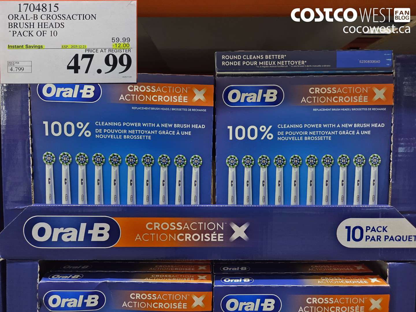 1704815 ORAL-B CROSSACTION BRUSH HEADS PACK OF 10 ($12.00 INSTANT SAVINGS EXPIRES ON 2025-12-21) $47.99