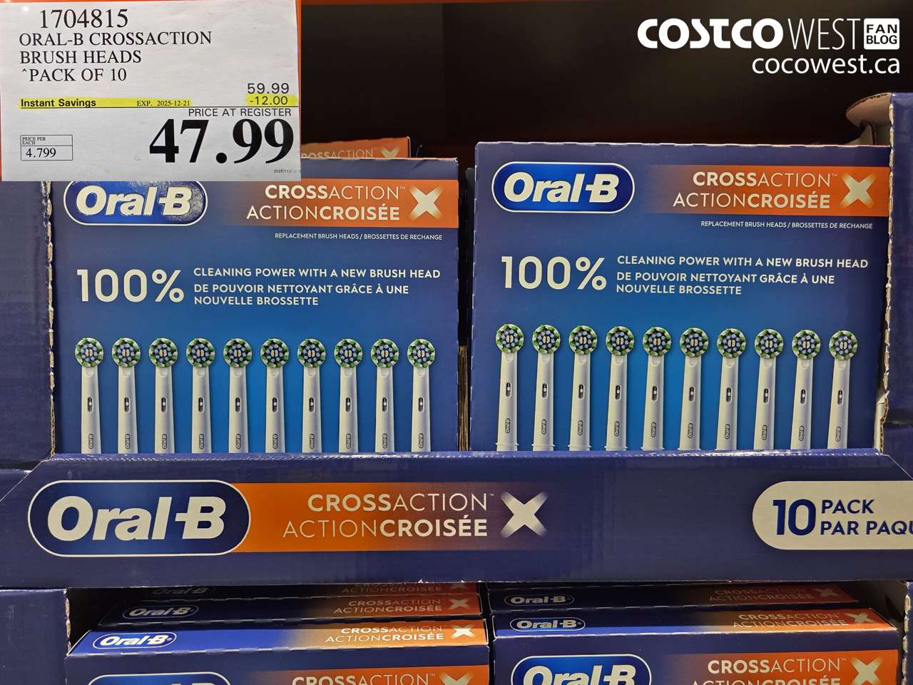 1704815 ORAL-B CROSSACTION BRUSH HEADS PACK OF 10 ($12.00 INSTANT SAVINGS EXPIRES ON 2025-12-21) $47.99