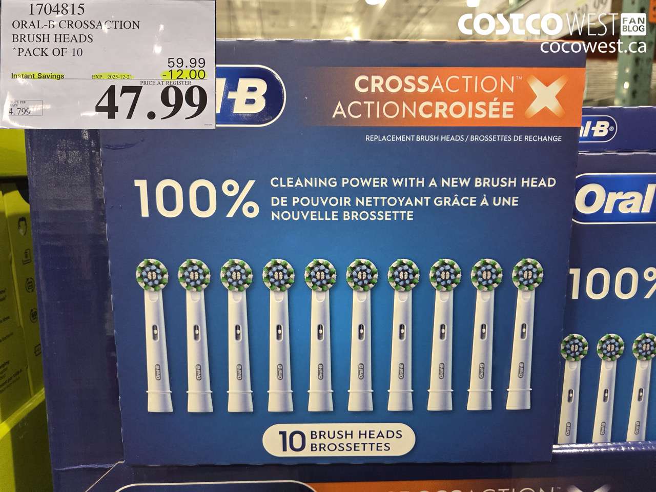 1704815 ORAL-B CROSSACTION BRUSH HEADS PACK OF 10 ($12.00 INSTANT SAVINGS EXPIRES ON 2025-12-21) $47.99