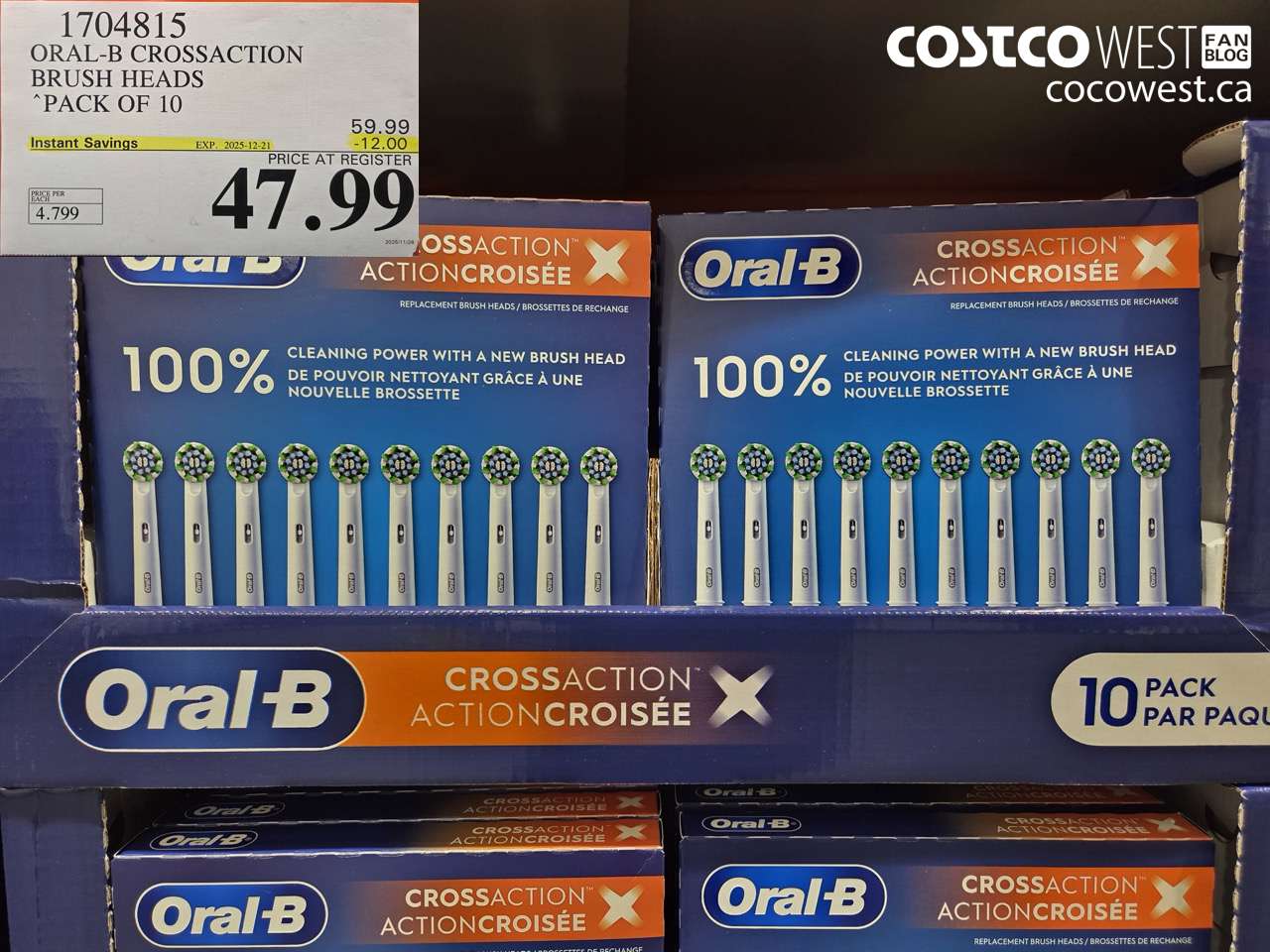 1704815 ORAL-B CROSSACTION BRUSH HEADS PACK OF 10 ($12.00 INSTANT SAVINGS EXPIRES ON 2025-12-21) $47.99