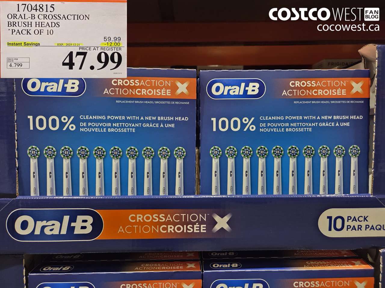 1704815 ORAL-B CROSSACTION BRUSH HEADS PACK OF 10 ($12.00 INSTANT SAVINGS EXPIRES ON 2025-12-21) $47.99