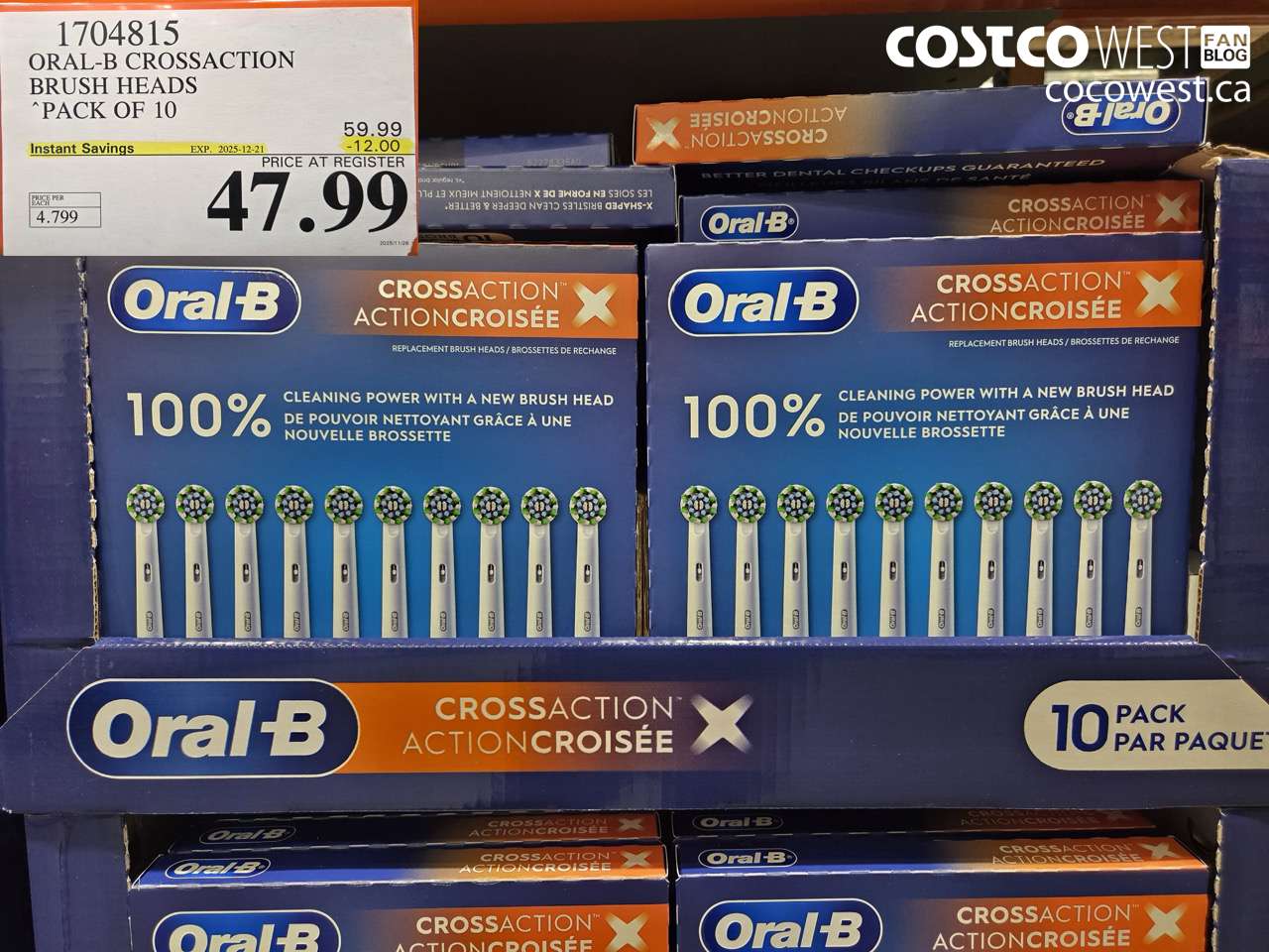 1704815 ORAL-B CROSSACTION BRUSH HEADS PACK OF 10 ($12.00 INSTANT SAVINGS EXPIRES ON 2025-12-21) $47.99