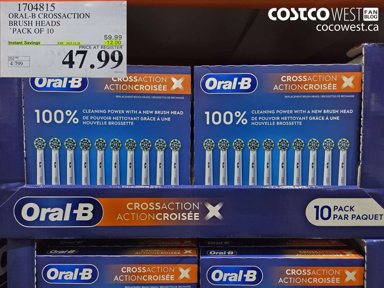 1704815 ORAL-B CROSSACTION BRUSH HEADS PACK OF 10 ($12.00 INSTANT SAVINGS EXPIRES ON 2025-12-28) $47.99