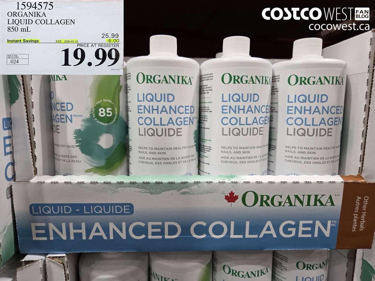 1594575 ORGANIKA LIQUID COLLAGEN 850 ML ($6.00 INSTANT SAVINGS EXPIRES ON 2026-01-18) $19.99