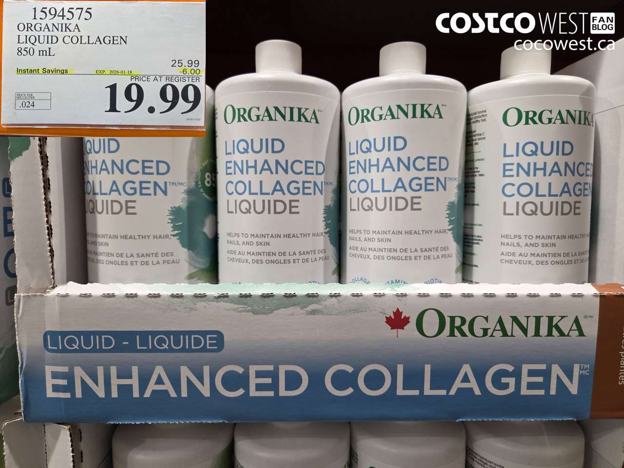 1594575 ORGANIKA LIQUID COLLAGEN 850 ML ($6.00 INSTANT SAVINGS EXPIRES ON 2026-01-18) $19.99