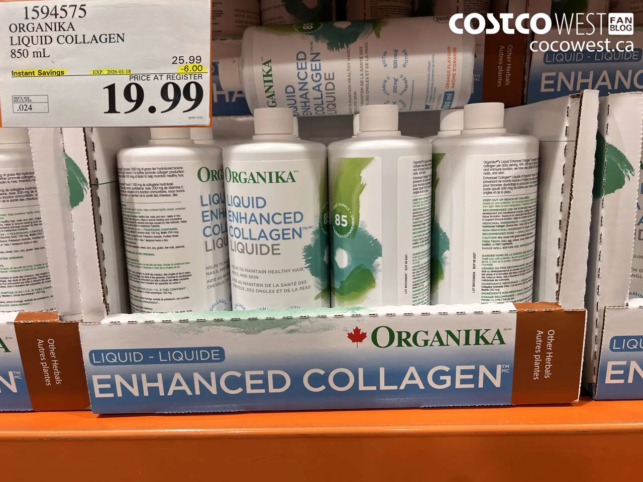 1594575 ORGANIKA LIQUID COLLAGEN 850 ML ($6.00 INSTANT SAVINGS EXPIRES ON 2026-01-18) $19.99