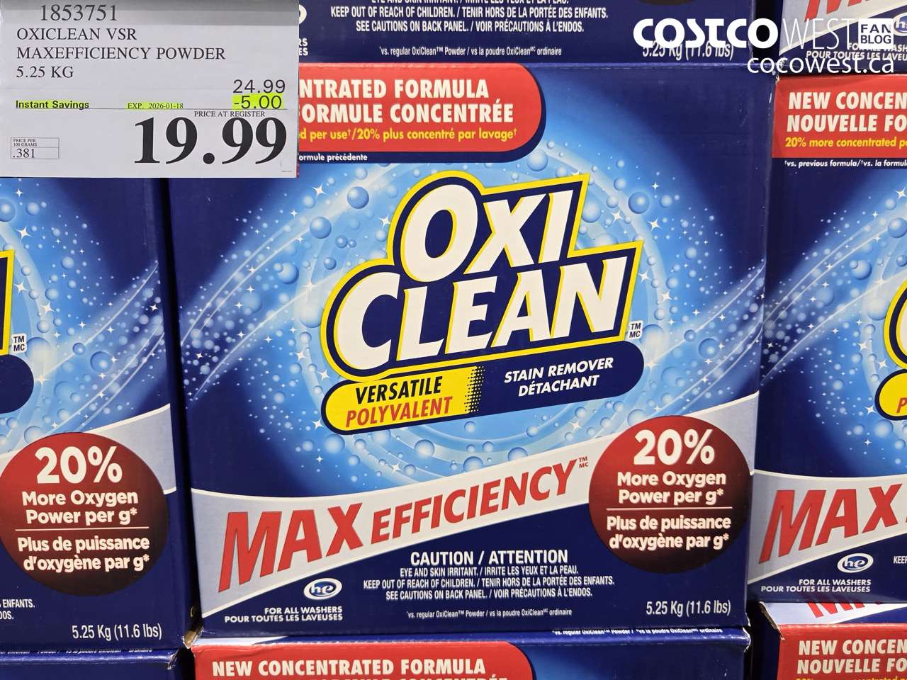 1853751 OXICLEAN VSR MAXEFFICIENCY POWDER 5.25KG ($5.00 INSTANT SAVINGS EXPIRES ON 2026-01-18) $19.99