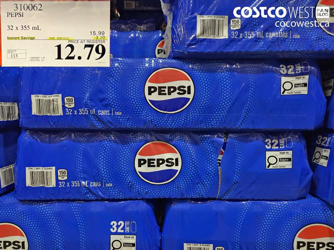 310062 PEPSI 32 X 355 ML ($3.20 INSTANT SAVINGS EXPIRES ON 2025-12-21) $12.79