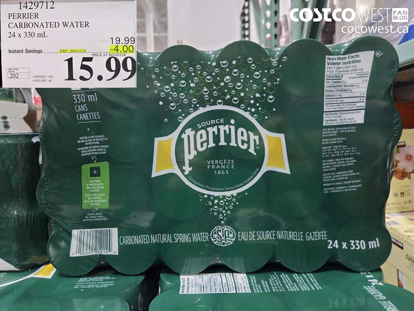 1429712 PERRIER CARBONATED WATER 24 X 330ML ($4.00 INSTANT SAVINGS EXPIRES ON 2025-12-21) $15.99