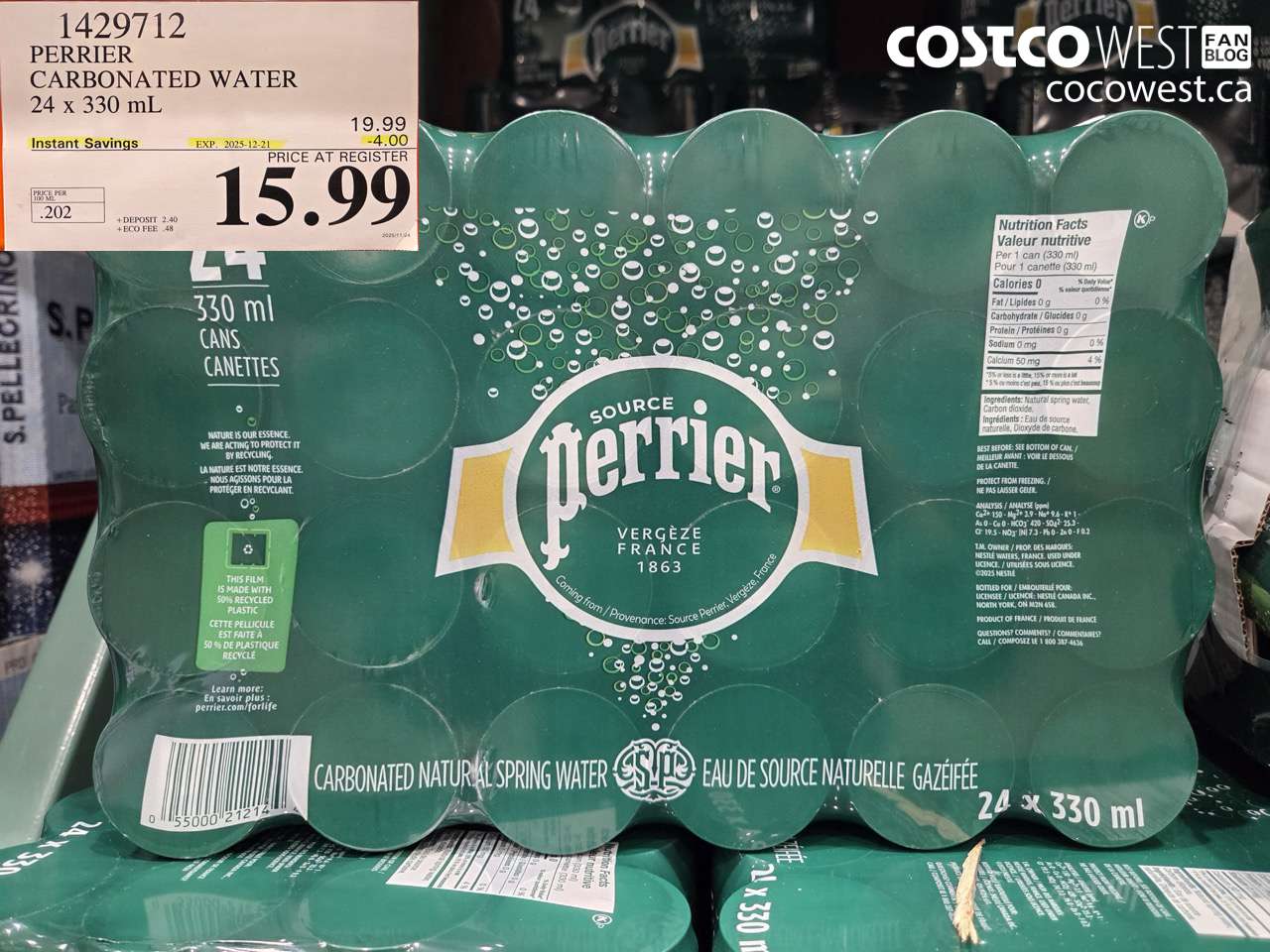 1429712 PERRIER CARBONATED WATER 24 X 330ML ($4.00 INSTANT SAVINGS EXPIRES ON 2025-12-21) $15.99