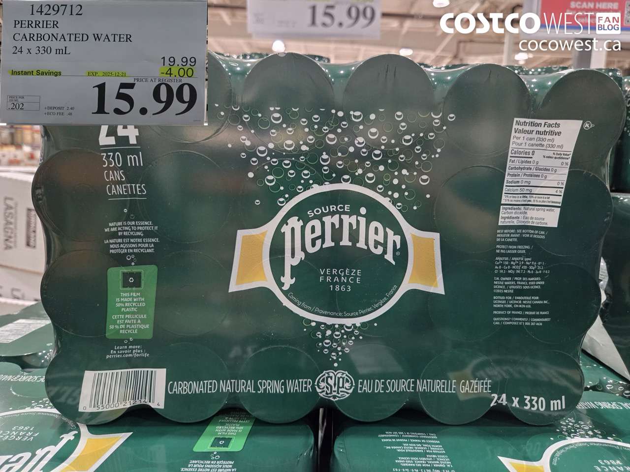1429712 PERRIER CARBONATED WATER 24 X 330ML ($4.00 INSTANT SAVINGS EXPIRES ON 2025-12-21) $15.99