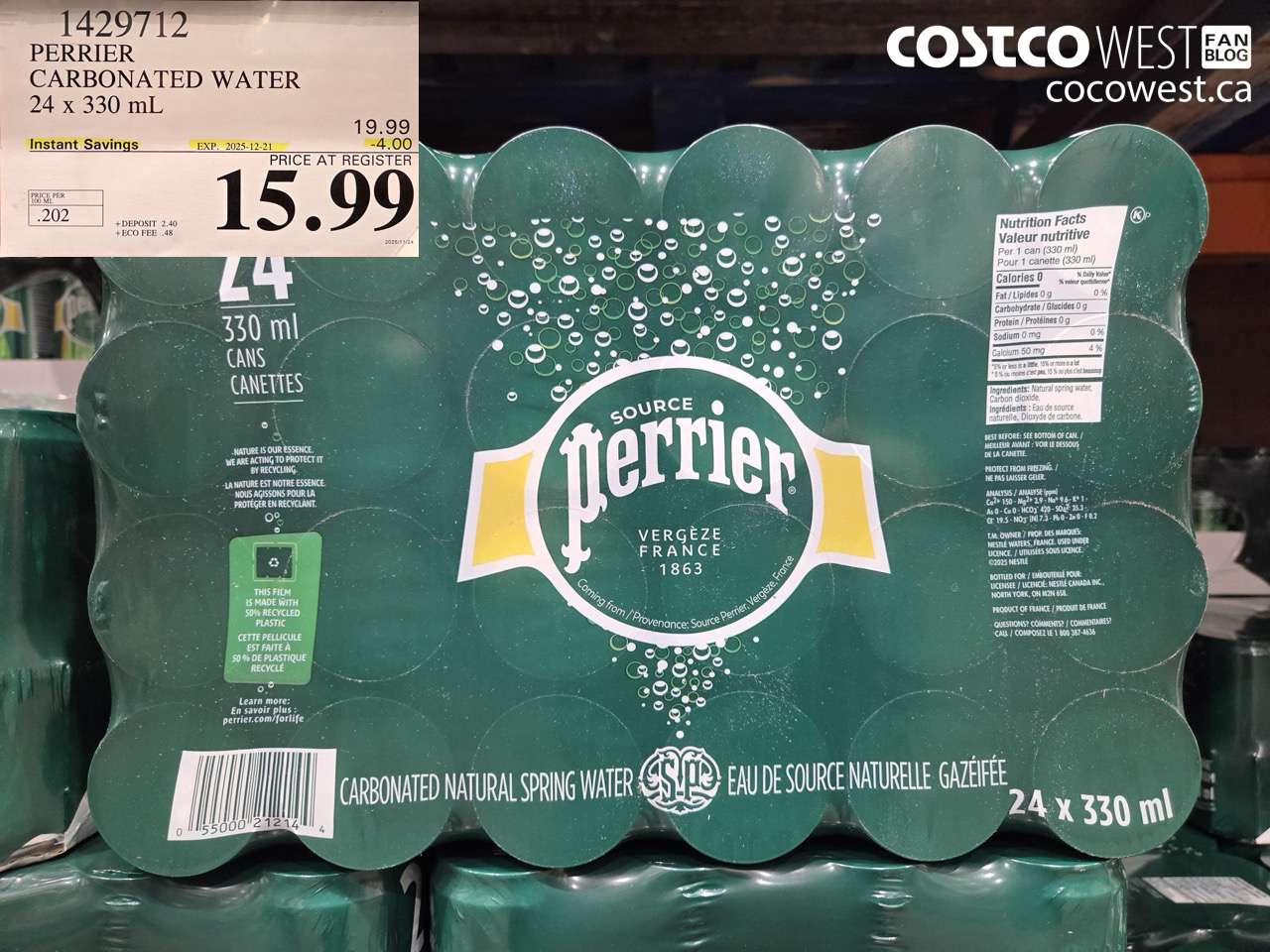 1429712 PERRIER CARBONATED WATER 24 X 330ML ($4.00 INSTANT SAVINGS EXPIRES ON 2025-12-21) $15.99