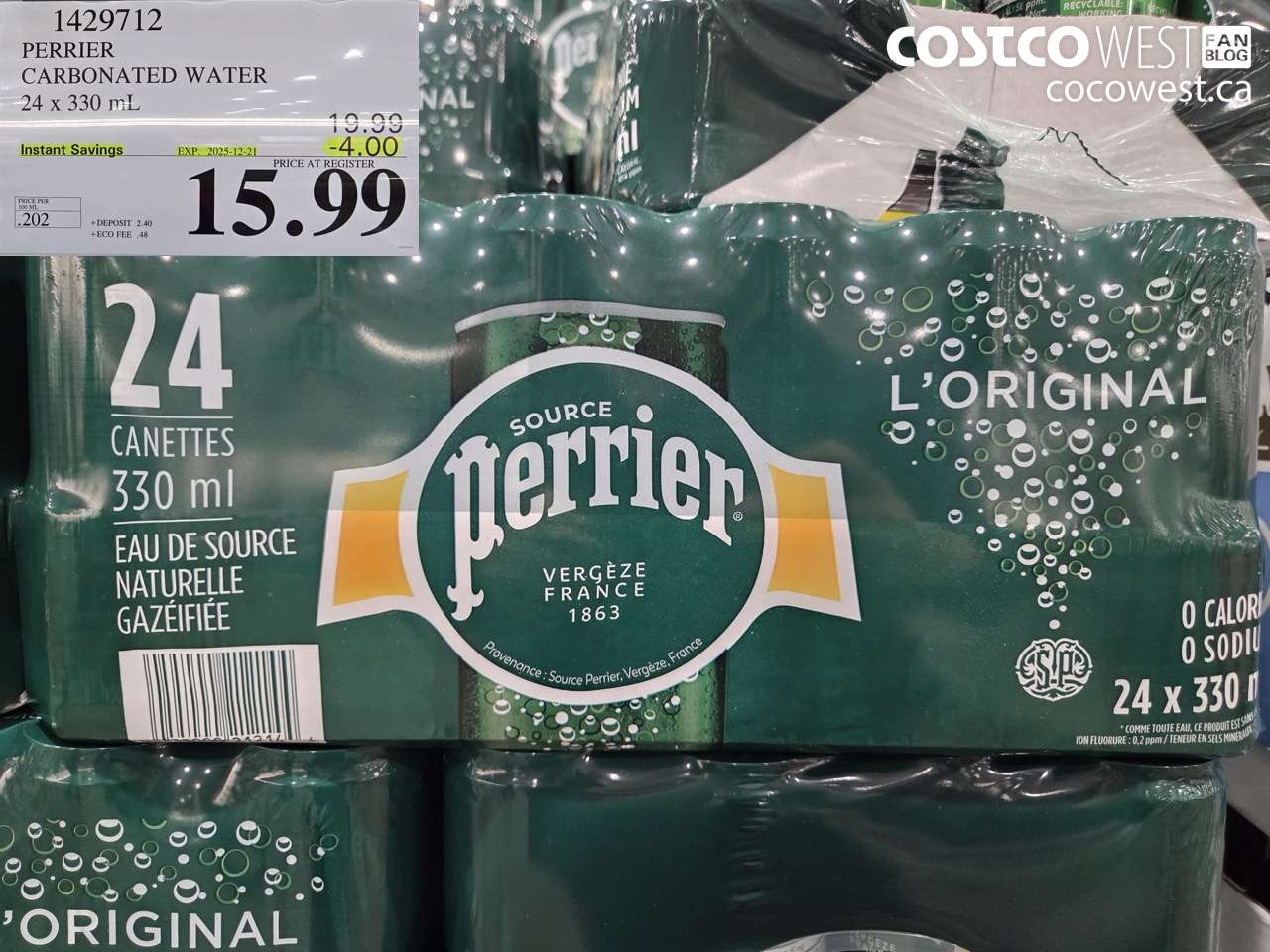 1429712 PERRIER CARBONATED WATER 24 X 330ML ($4.00 INSTANT SAVINGS EXPIRES ON 2025-12-21) $15.99