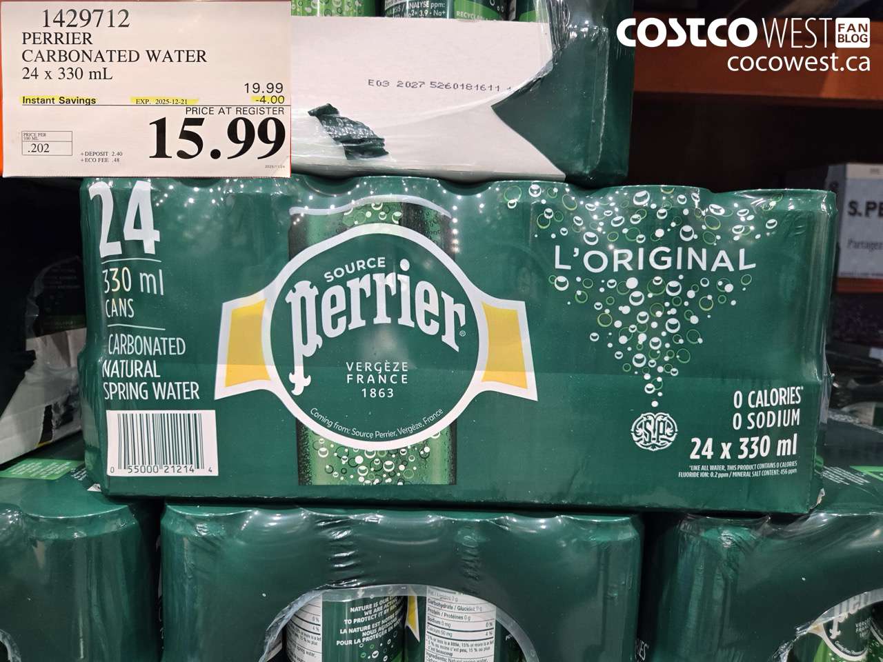 1429712 PERRIER CARBONATED WATER 24 X 330ML ($4.00 INSTANT SAVINGS EXPIRES ON 2025-12-21) $15.99