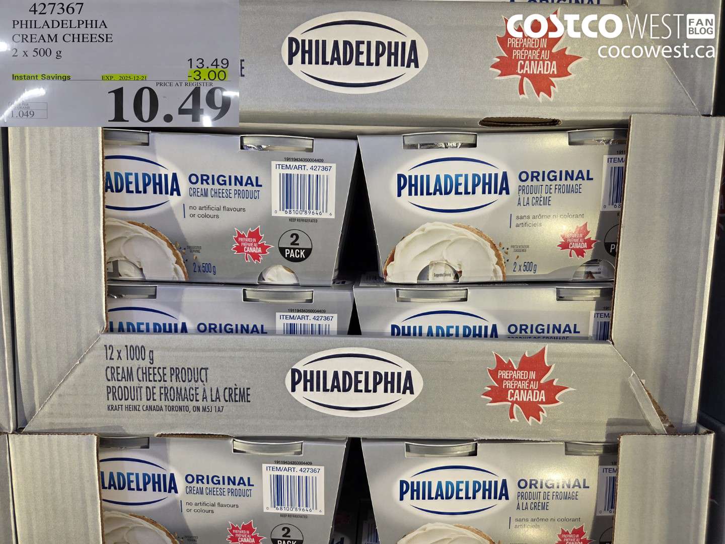 427367 PHILADELPHIA CREAM CHEESE 2 x 500 g ($3.00 INSTANT SAVINGS EXPIRES ON 2025-12-21) $10.49