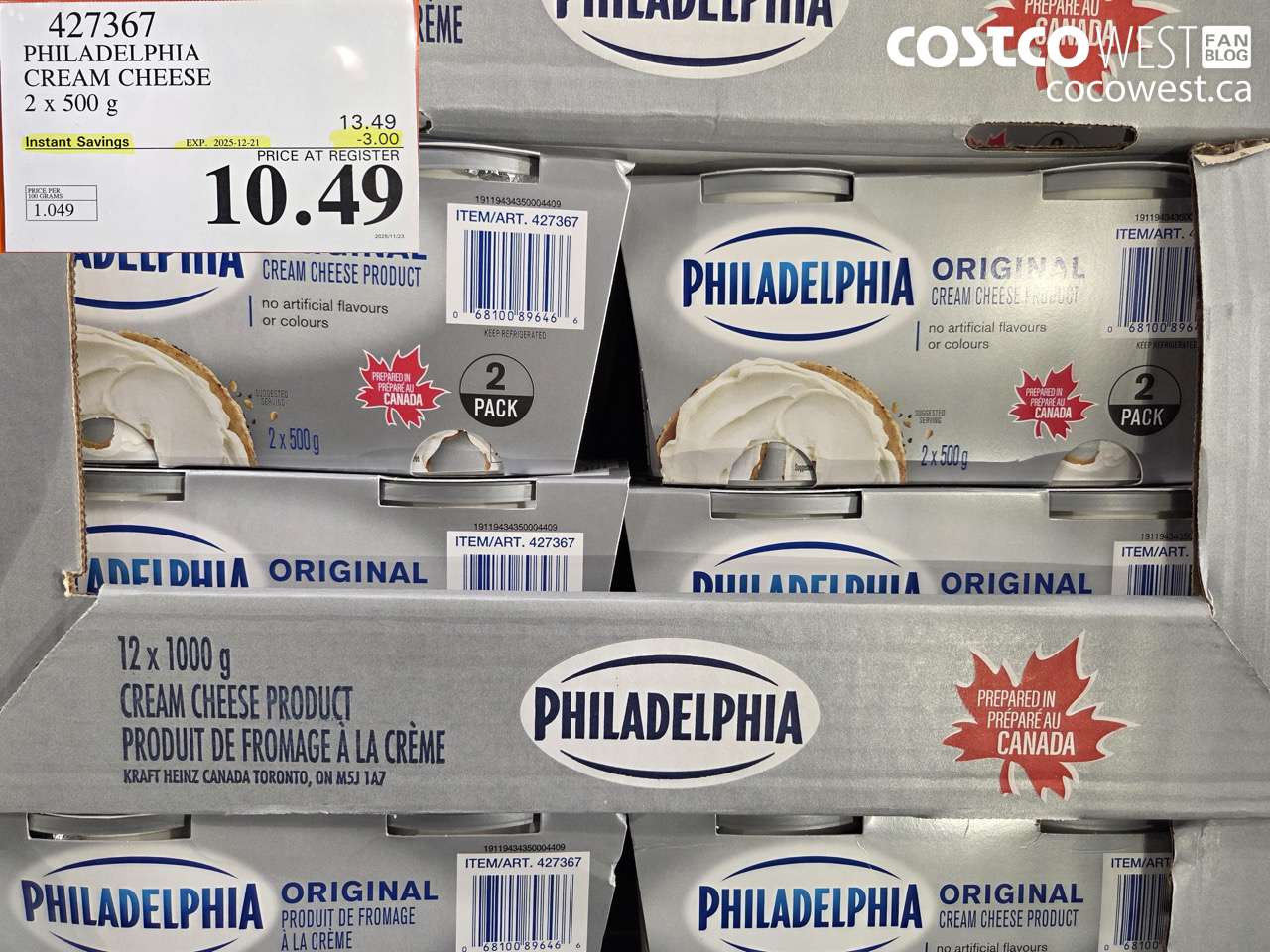 427367 PHILADELPHIA CREAM CHEESE 2 x 500 g ($3.00 INSTANT SAVINGS EXPIRES ON 2025-12-21) $10.49