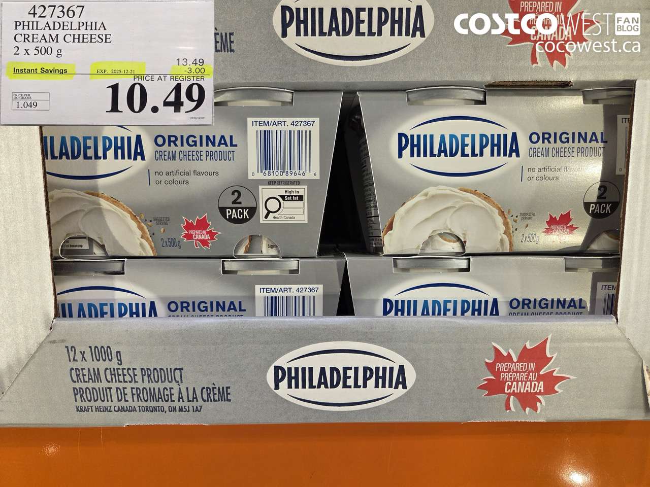 427367 PHILADELPHIA CREAM CHEESE 2 x 500 g ($3.00 INSTANT SAVINGS EXPIRES ON 2025-12-21) $10.49