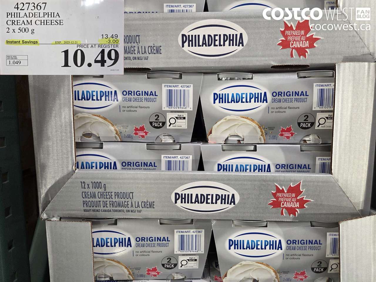 427367 PHILADELPHIA CREAM CHEESE 2 x 500 g ($3.00 INSTANT SAVINGS EXPIRES ON 2025-12-21) $10.49
