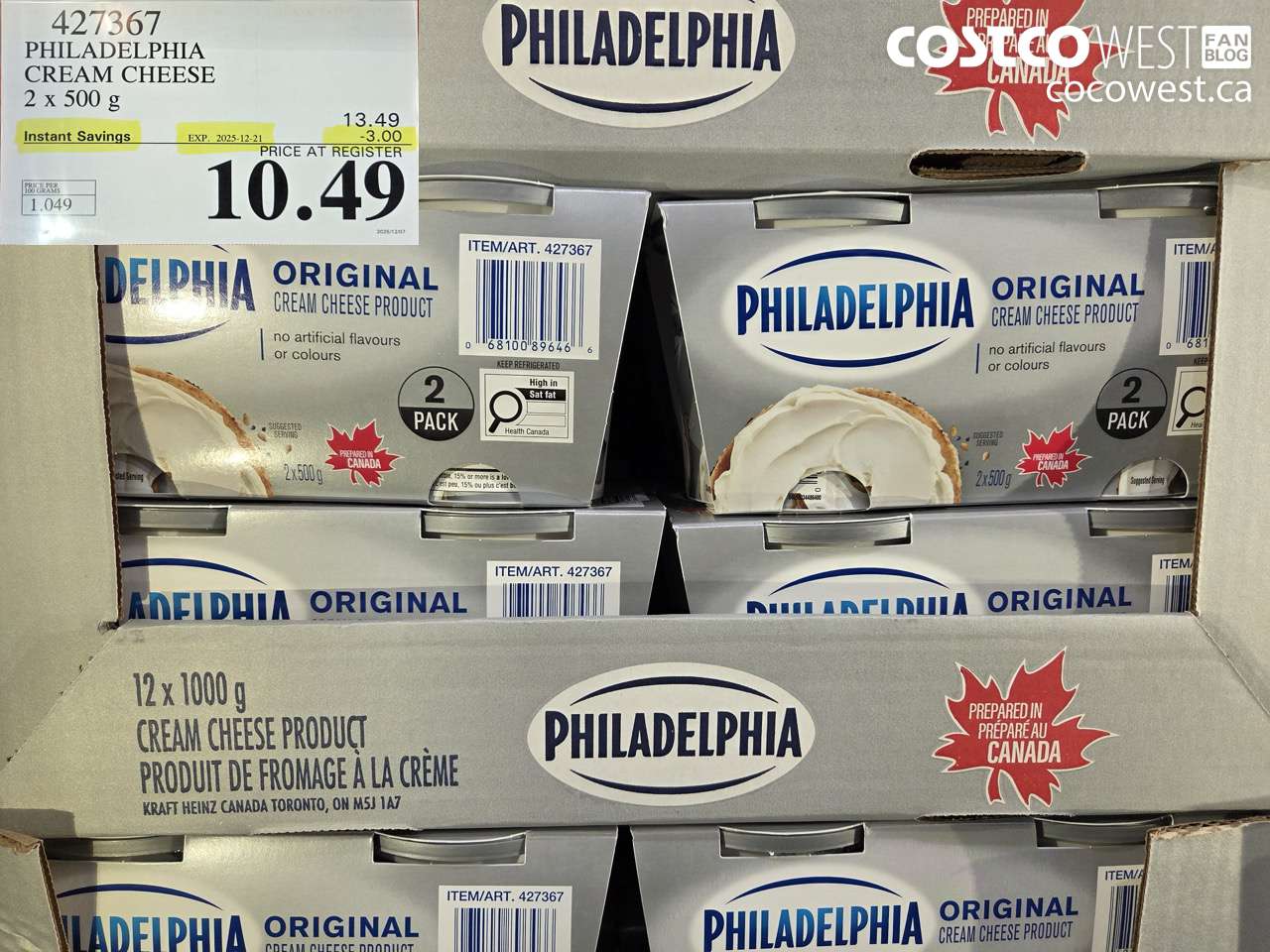 427367 PHILADELPHIA CREAM CHEESE 2 x 500 g ($3.00 INSTANT SAVINGS EXPIRES ON 2025-12-21) $10.49