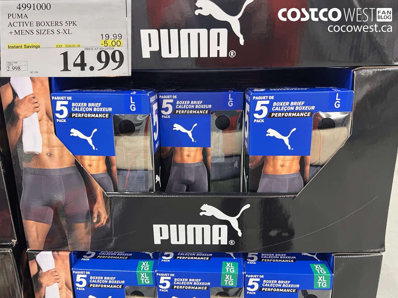 4991000 PUMA ACTIVE BOXERS 5PK MENS SIZES S-XL ($5.00 INSTANT SAVINGS EXPIRES ON 2026-01-18) $14.99