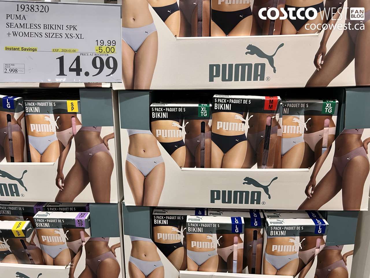 1938320 PUMA SEAMLESS BIKINI 5PK WOMENS SIZES XS-XL ($5.00 INSTANT SAVINGS EXPIRES ON 2026-01-04) $14.99