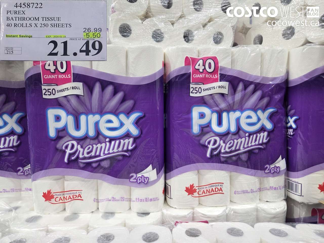 4458722 PUREX BATHROOM TISSUE 40 ROLLS X 250 SHEETS 6.99 ($5.50 INSTANT SAVINGS EXPIRES ON 2026-01-18) $21.49